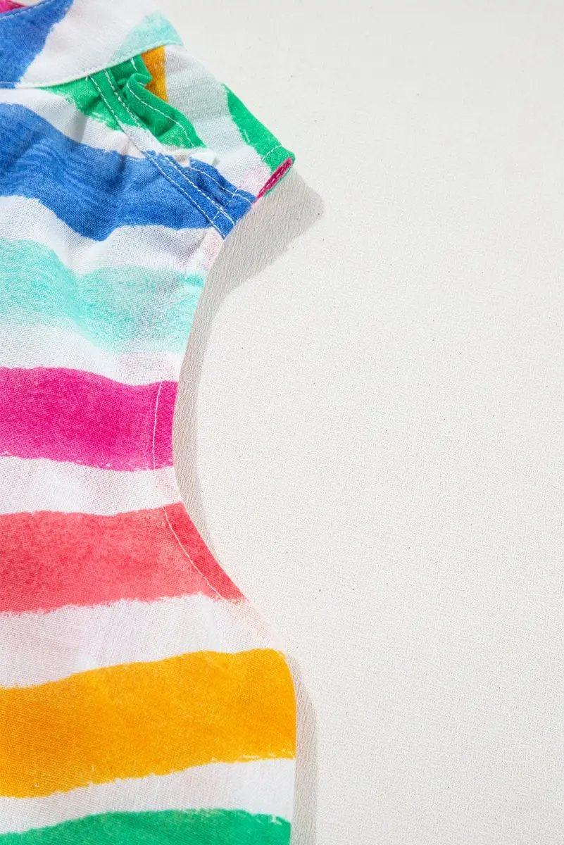 Rose Red Rainbow Stripes Ruffled Hem Drawstring V Neck Tank Top - Love Salve